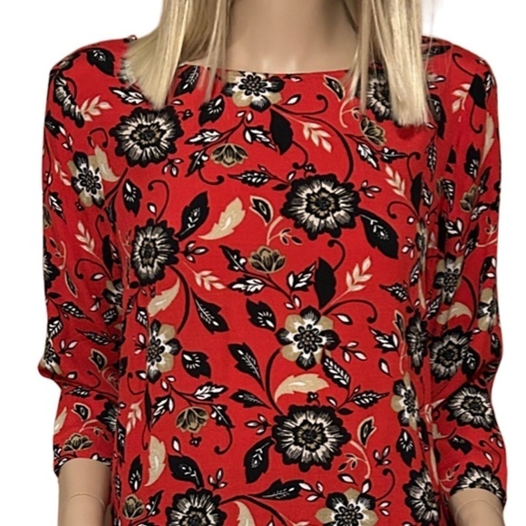 J. Jill Tunic Top Red Floral Filigree Viscose Rayon Boat Neck Keyhole Back - Picture 3 of 16